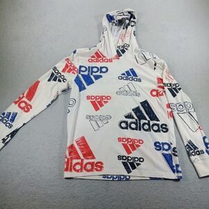 Adidas Boys Logo Print Hooded Tee White Red Blue Medium 10/12 Long Sleeve